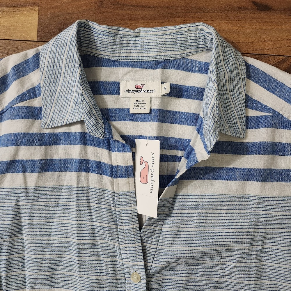 Vineyard Vines Womens Stripe Tie-Front Shirt Blue/White Size 12 Linen Button-Up - Picture 8 of 15